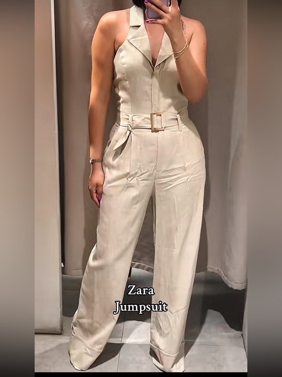 Zara Pants - Zara Cream Halter-Neck Belted Wide-Leg Jumpsuit